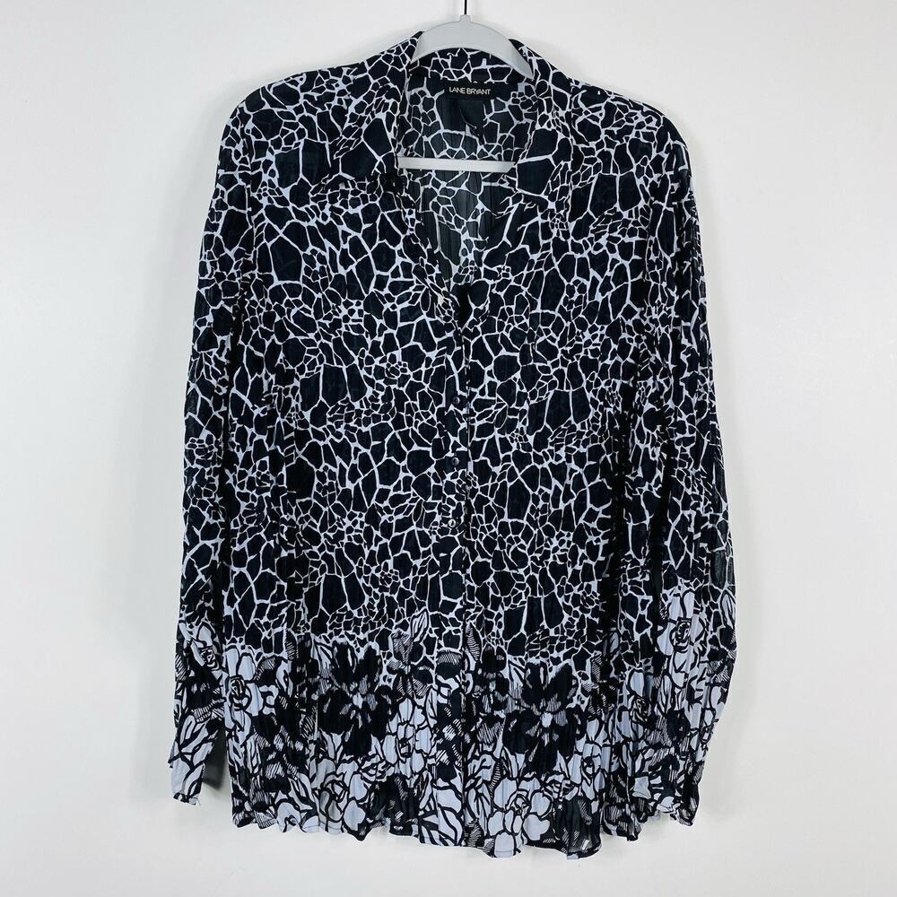 Lane Bryant Size 14 16 Printed Long Sleeve Crinkle Blouse Top Black White